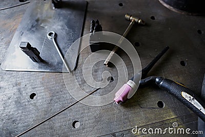 Professional welder workshop in industrial factory Stock Photo
