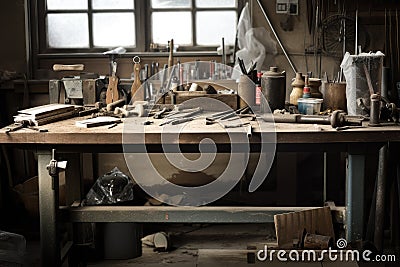 industrial workbench, with tools and raw materials nearby Stock Photo