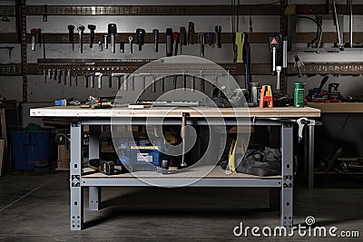 an industrial workbench with tools and supplies in the background Stock Photo