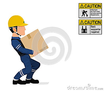 An industrial worker is carrying a heavy paper crate Vector Illustration