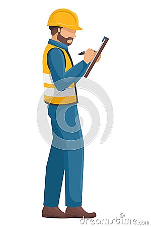 Industrial worker, engineer with his personal protective equipment, helmet, vest, safety shoes writing on a board. Safety First. Vector Illustration