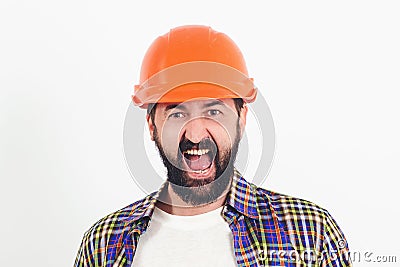 Industrial worker. Hard work. Portrait of screaming bearded builder. Worker in protect helmet. Professional builder with safety Stock Photo