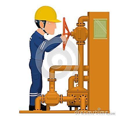 An industrial worker is operating petrochemical valve on white background Vector Illustration