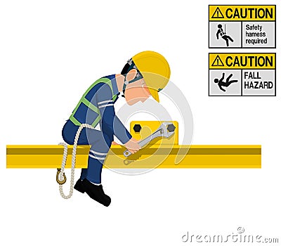 An industrial worker with safety harness is working at height Vector Illustration