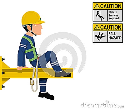 An industrial worker with safety harness is working at height Vector Illustration