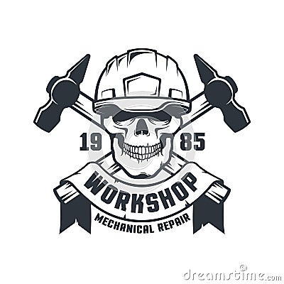 Industrial worker skull in hard hat retro logo Vector Illustration