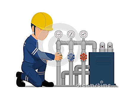 An industrial worker is turning on the valve Vector Illustration