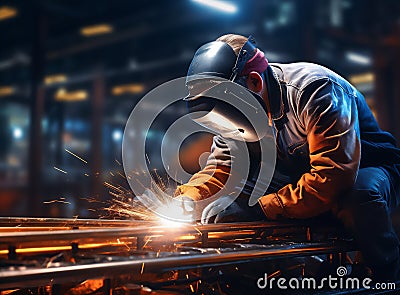 Industrial worker welder at factory use equipment mask and tool weld for metalwork with smoke, fire , spark iron. Cartoon Illustration