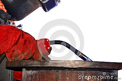 Industrial worker welding in factory. Stock Photo