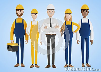 Industrial workers. Construction team. Engineer, technician and workers of various professions. Cartoon Illustration