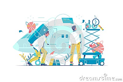 Industrial workers engineers repair or build airplane vehicle Vector Illustration