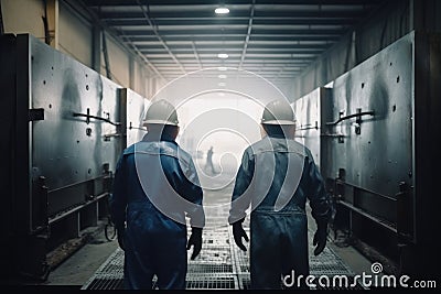 Industrial workers in hardhats standing in a factory, back view, Male manual workers full rear view in the factory, Ai Generated Stock Photo