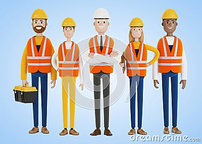 Industrial workers. A team of builders wearing safety vests and hard hats. Cartoon Illustration