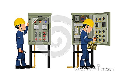 Industrial workers use clamp meter to measuring electric current in the electrical control cabinet Vector Illustration