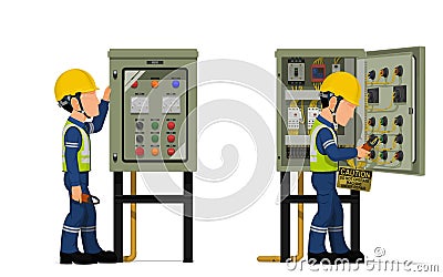 Industrial workers use clamp meter to measuring electric current in the electrical control cabinet Vector Illustration