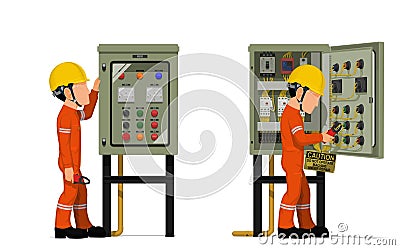 Industrial workers use clamp meter to measuring electric current in the electrical control cabinet Vector Illustration
