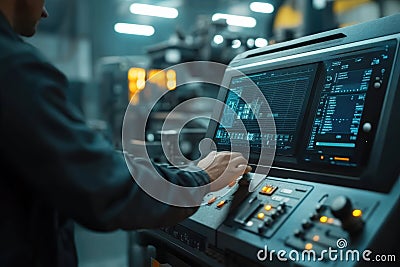 Robotic CNC machine operator programs automated milling system in industrial workshop. Generative AI Stock Photo