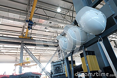 Industrial zone. Factory background. White safety helmets in the workplace. Safety engineering concept Stock Photo