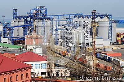 Industrial zone of Odessa sea cargo port with grain dryers Stock Photo