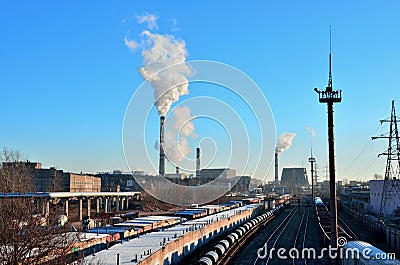 Industrial zone of plants, electrical wires. Stock Photo