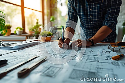 Industrious Architect office work at sunset. Generate Ai Stock Photo