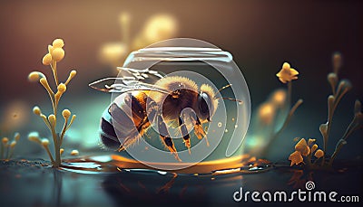 industrious bee flying near the water ,generative AI Stock Photo
