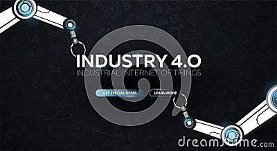 Industry 4.0 banner with robotic arm. Smart industrial revolution, automation, robot assistants. Vector illustration. Vector Illustration