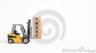 Industry and business transportation with forklift loading product box.economy with demand and supply concepts Stock Photo