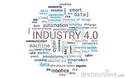 Industry 4.0 concept as word collage or word cloud, round shape, words in blue, gray, black Stock Photo