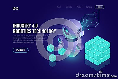 Industry 4.0 concept, big data isometric robotics technology, automating the process with a robot, organize and sort Vector Illustration