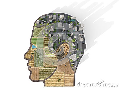 Industry concept. CIty with roads and farm fields in form of human head. Cartoon Illustration