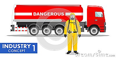 Industry concept. Detailed illustration of cistern truck carrying chemical, radioactive, toxic, hazardous substances and Vector Illustration