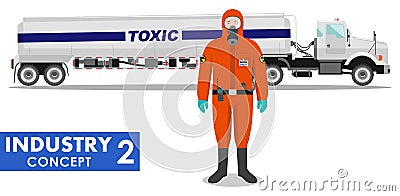 Industry concept. Detailed illustration of cistern truck carrying chemical, radioactive, toxic, hazardous substances and worker in Cartoon Illustration