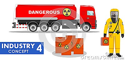 Industry concept. Detailed illustration of cistern truck carrying chemical, radioactive, toxic, hazardous substances and Vector Illustration