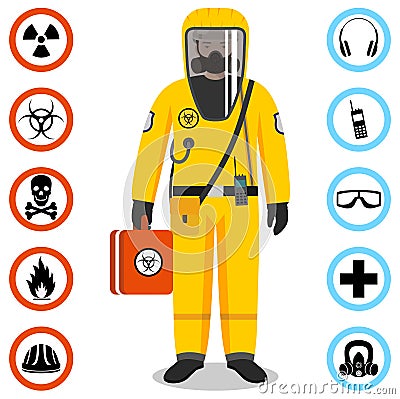 Industry concept. Detailed illustration of worker in yellow protective suit. Safety and health vector icons. Set of Vector Illustration