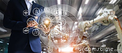 Industry, 4.0 concept, Icon flow automation and data exchange. Stock Photo