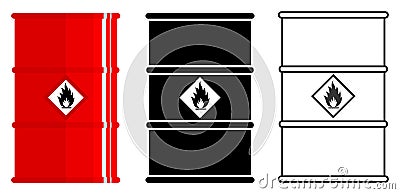 Industry concept. Set of different barrels for radioactive, toxic, hazardous, dangerous, explosive, flammable and Vector Illustration