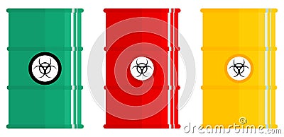 Industry concept. Set of different colored metal barrels for radioactive, toxic, hazardous, dangerous, flammable and Vector Illustration