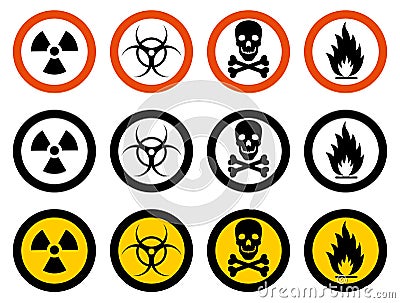 Industry concept. Set of different signs: chemical, radioactive, dangerous, toxic, poisonous, hazardous substances Vector Illustration