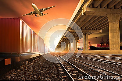 Industry container trains running on railways track cargo plane Stock Photo