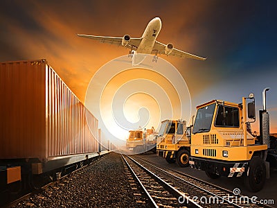 Industry container trainst running on railways track plane cargo Stock Photo