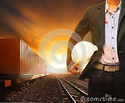 Industry container trainst running on railways track and working Stock Photo