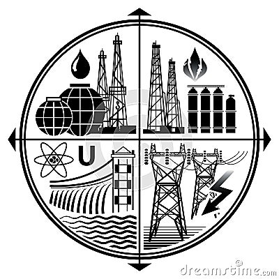 Industry Emblem of Energy Resources: Oil, Gas, Electricity, Nuclear And Hydro Power. Vector Illustration