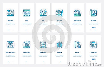 Industry energy technology, mining line UX, UI onboarding mobile app page screen set Vector Illustration