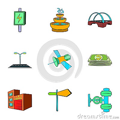 Industry facilities icons set, cartoon style Vector Illustration