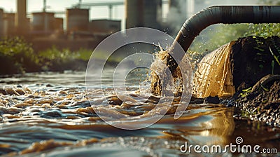 Industry and factory discharging brown murky wastewater through the pipe into wild river Stock Photo