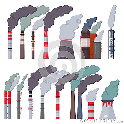 Industry factory vector industrial chimney pollution with smoke in environment illustration set of chimneyed pipe Vector Illustration