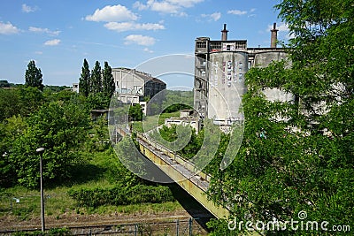 View from the Shaft Furnace Battery towards the railway bridge and industrial ruins. Rüdersdorf bei Berlin, Germany Stock Photo