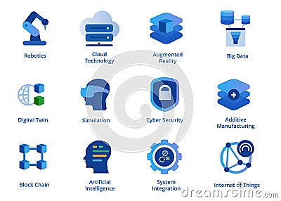 Industry 4.0 icon set collection of future business revolution frominternet of thing to AI manufacturing robotics Vector Illustration