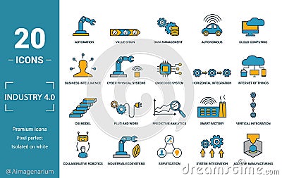 Industry 4.0 icon set. Include creative elements automation, data management, business intelligence, horizontal integration, osi Stock Photo